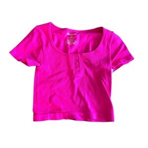 No Boundaries Hot Pink Ribbed Crop Top Juniors Womens Casual Button‎ Up